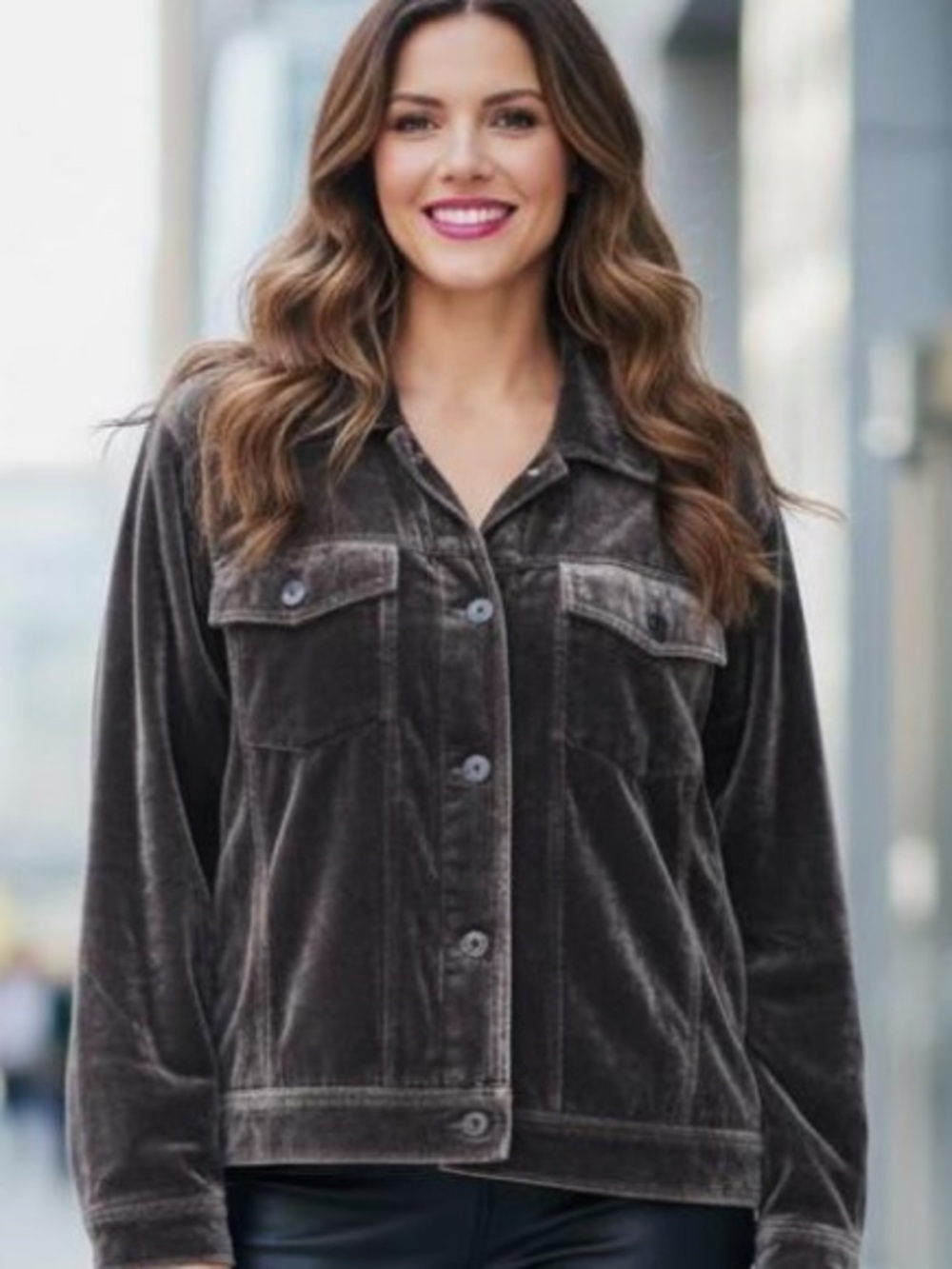 J Jill Espresso Brown Crushed Velvet Button Front Jacket Blazer Topper Shacket L